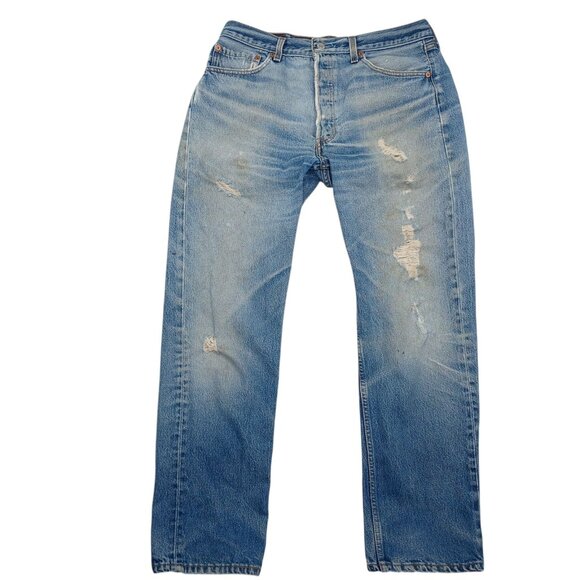 Vintage Levis 501 Jeans Mens 35x34 Blue Distressed Denim Button Fly Made USA 90s - Picture 1 of 8